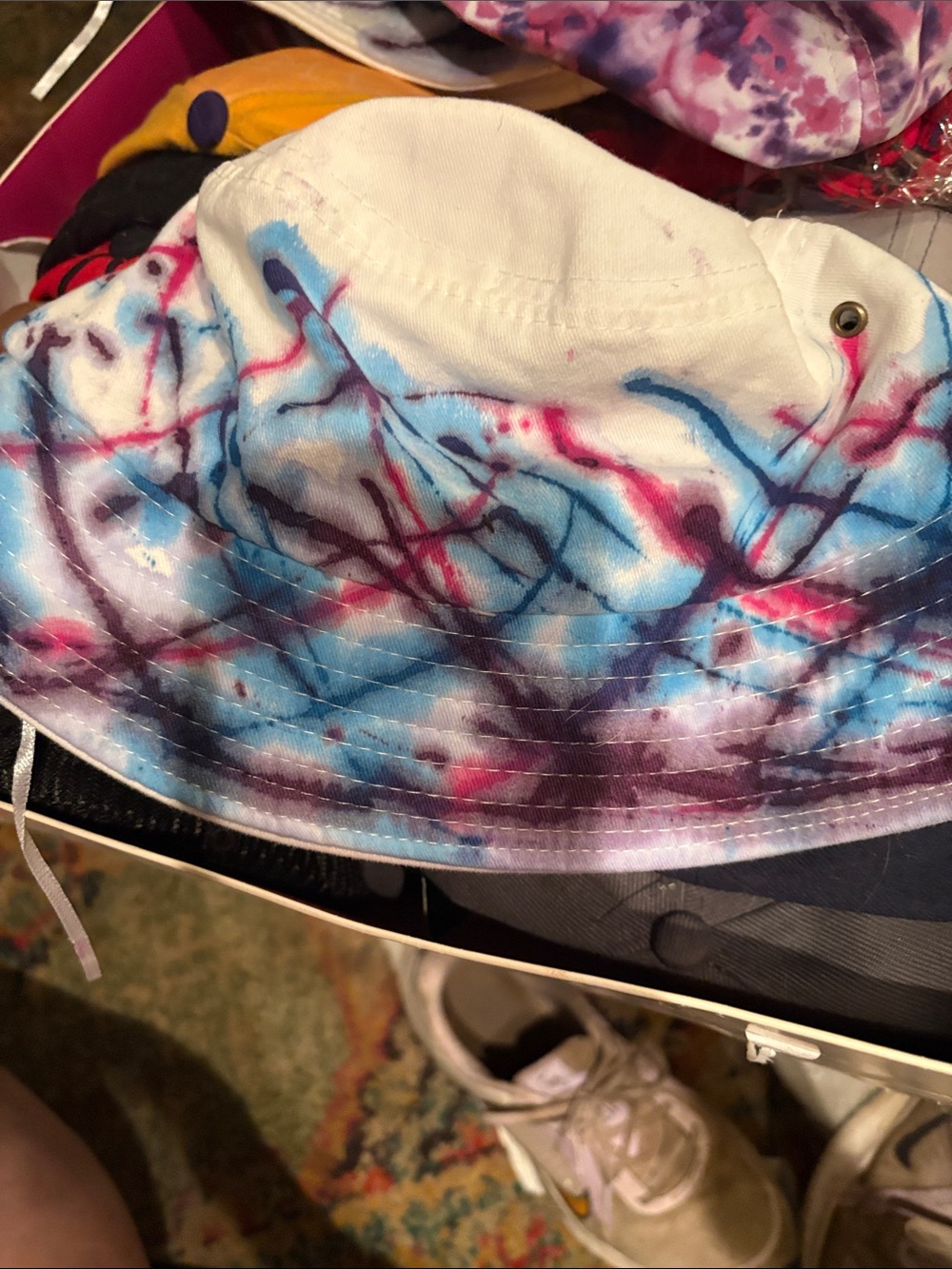 White Tie-Dye Bucket Hat with Blue & Pink Accents